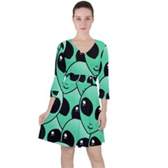 Art Alien Pattern Quarter Sleeve Ruffle Waist Dress by Ket1n9