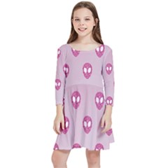 Alien Pattern Pink Kids  Quarter Sleeve Skater Dress by Ket1n9