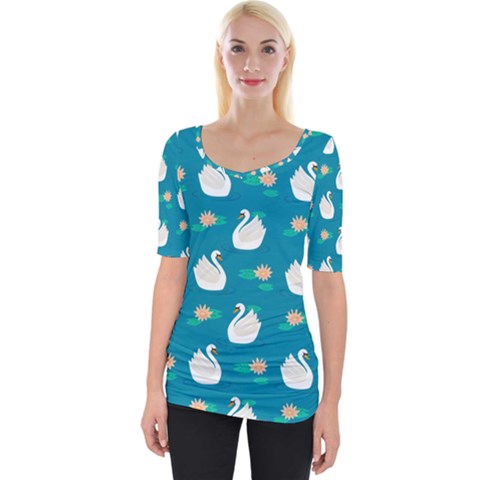 Elegant Swan Pattern With Water Lily Flowers Wide Neckline T-shirt by Ket1n9