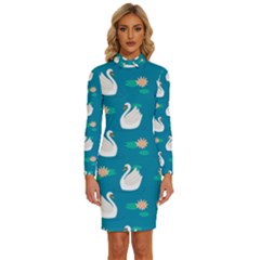 Elegant Swan Pattern With Water Lily Flowers Long Sleeve Shirt Collar Bodycon Dress