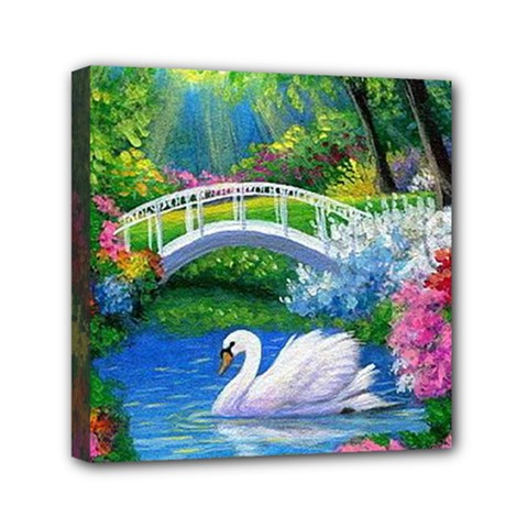 Swan Bird Spring Flowers Trees Lake Pond Landscape Original Aceo Painting Art Mini Canvas 6  X 6  (stretched) by Ket1n9