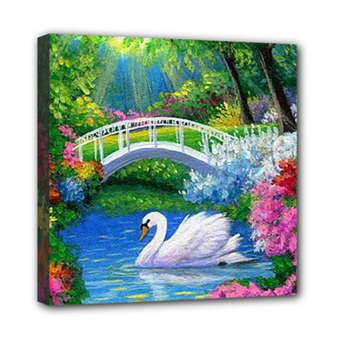 Swan Bird Spring Flowers Trees Lake Pond Landscape Original Aceo Painting Art Mini Canvas 8  X 8  (stretched)