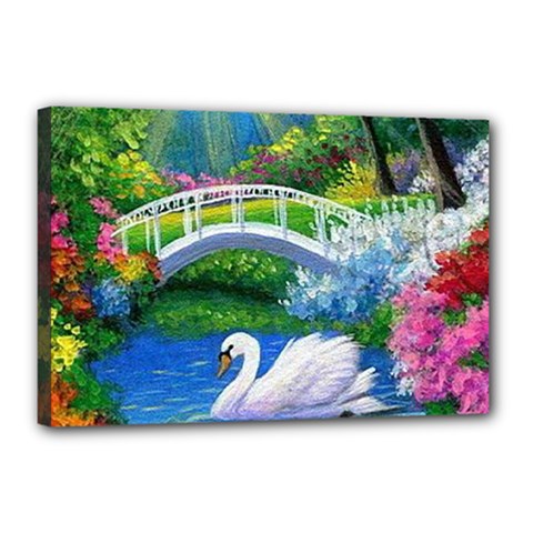 Swan Bird Spring Flowers Trees Lake Pond Landscape Original Aceo Painting Art Canvas 18  X 12  (stretched) by Ket1n9