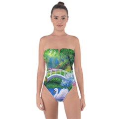 Swan Bird Spring Flowers Trees Lake Pond Landscape Original Aceo Painting Art Tie Back One Piece Swimsuit by Ket1n9