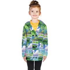 Swan Bird Spring Flowers Trees Lake Pond Landscape Original Aceo Painting Art Kids  Double Breasted Button Coat by Ket1n9