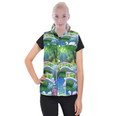 Swan Bird Spring Flowers Trees Lake Pond Landscape Original Aceo Painting Art Women s Button Up Vest by Ket1n9