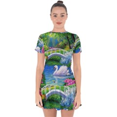 Swan Bird Spring Flowers Trees Lake Pond Landscape Original Aceo Painting Art Drop Hem Mini Chiffon Dress by Ket1n9