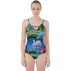 Swan Bird Spring Flowers Trees Lake Pond Landscape Original Aceo Painting Art Cut Out Top Tankini Set by Ket1n9