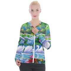 Swan Bird Spring Flowers Trees Lake Pond Landscape Original Aceo Painting Art Casual Zip Up Jacket by Ket1n9