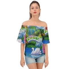 Swan Bird Spring Flowers Trees Lake Pond Landscape Original Aceo Painting Art Off Shoulder Short Sleeve Top by Ket1n9