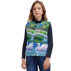 Swan Bird Spring Flowers Trees Lake Pond Landscape Original Aceo Painting Art Kid s Button Up Puffer Vest	 by Ket1n9