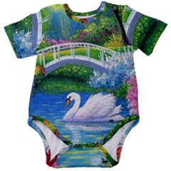 Swan Bird Spring Flowers Trees Lake Pond Landscape Original Aceo Painting Art Baby Short Sleeve Bodysuit by Ket1n9