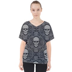 Dark Horror Skulls Pattern V-neck Dolman Drape Top