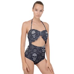 Dark Horror Skulls Pattern Scallop Top Cut Out Swimsuit
