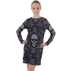 Dark Horror Skulls Pattern Long Sleeve Hoodie Dress by Ket1n9