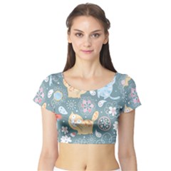 Cute Cat Background Pattern Short Sleeve Crop Top by Ket1n9