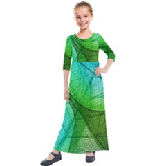 Sunlight Filtering Through Transparent Leaves Green Blue Kids  Quarter Sleeve Maxi Dress by Ket1n9