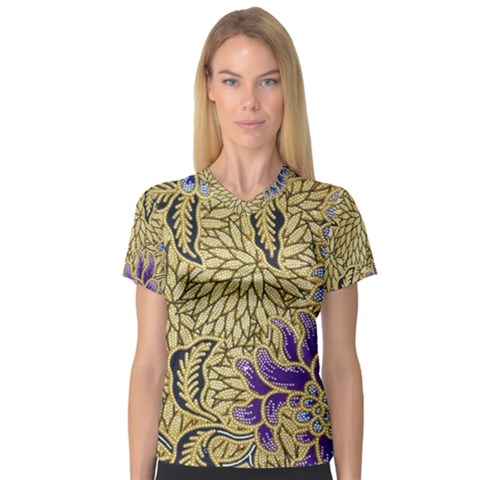 Traditional Art Batik Pattern V-neck Sport Mesh T-shirt by Ket1n9