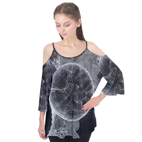 Space Universe Earth Rocket Flutter Sleeve T-shirt  by Ket1n9