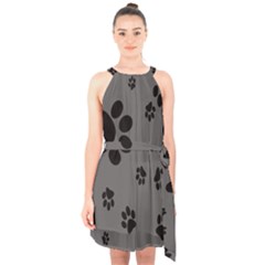 Dog Foodprint Paw Prints Seamless Background And Pattern Halter Collar Waist Tie Chiffon Dress