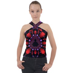Fractal Red Violet Symmetric Spheres On Black Cross Neck Velour Top by Ket1n9