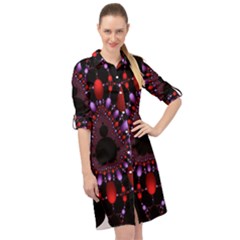 Fractal Red Violet Symmetric Spheres On Black Long Sleeve Mini Shirt Dress by Ket1n9