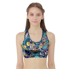 Cartoon Hand Drawn Doodles On The Subject Of Space Style Theme Seamless Pattern Vector Background Sports Bra With Border by Ket1n9