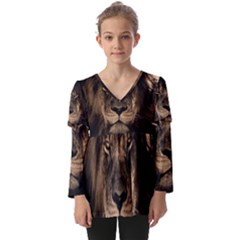 African Lion Mane Close Eyes Kids  V Neck Casual Top by Ket1n9