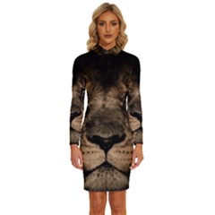 African Lion Mane Close Eyes Long Sleeve Shirt Collar Bodycon Dress