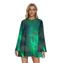 Northern-lights-plasma-sky Round Neck Long Sleeve Bohemian Style Chiffon Mini Dress by Ket1n9