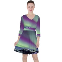 Aurora Stars Sky Mountains Snow Aurora Borealis Quarter Sleeve Ruffle Waist Dress by Ket1n9