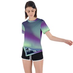 Aurora Stars Sky Mountains Snow Aurora Borealis Asymmetrical Short Sleeve Sports T-shirt by Ket1n9