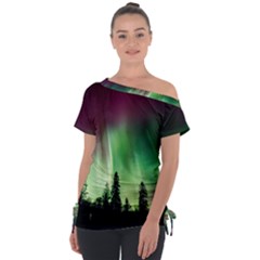Aurora Borealis Northern Lights Off Shoulder Tie-Up T-Shirt