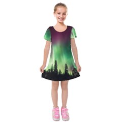 Aurora Borealis Northern Lights Kids  Short Sleeve Velvet Dress