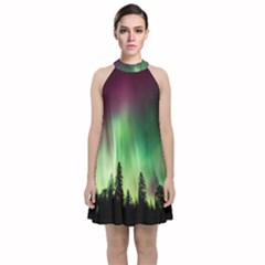 Aurora Borealis Northern Lights Velvet Halter Neckline Dress 