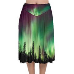 Aurora Borealis Northern Lights Velvet Flared Midi Skirt