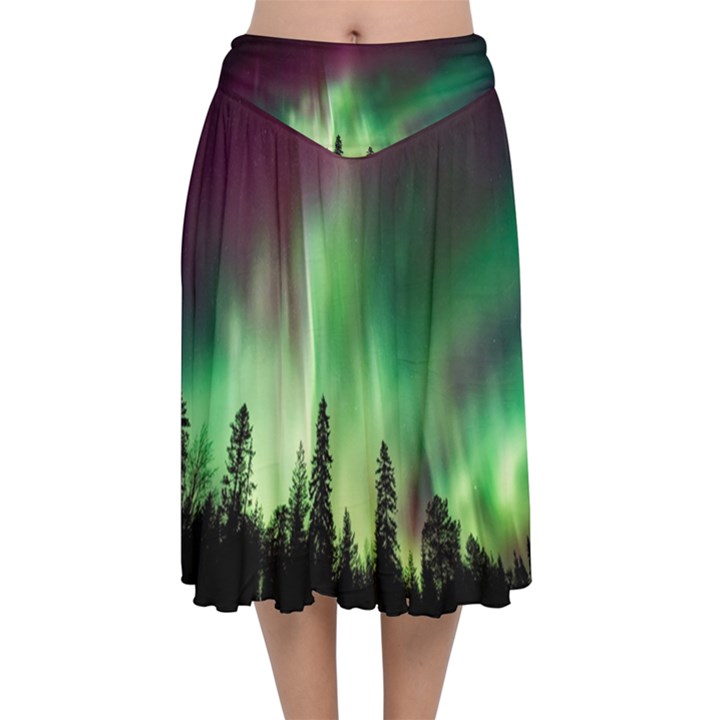 Aurora Borealis Northern Lights Velvet Flared Midi Skirt