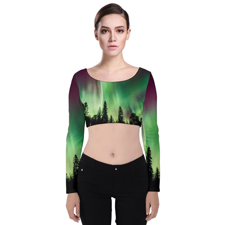 Aurora Borealis Northern Lights Velvet Long Sleeve Crop Top