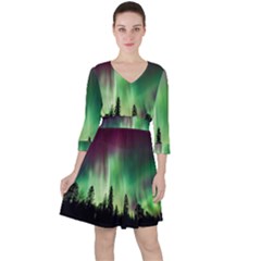 Aurora Borealis Northern Lights Quarter Sleeve Ruffle Waist Dress
