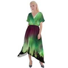 Aurora Borealis Northern Lights Cross Front Sharkbite Hem Maxi Dress
