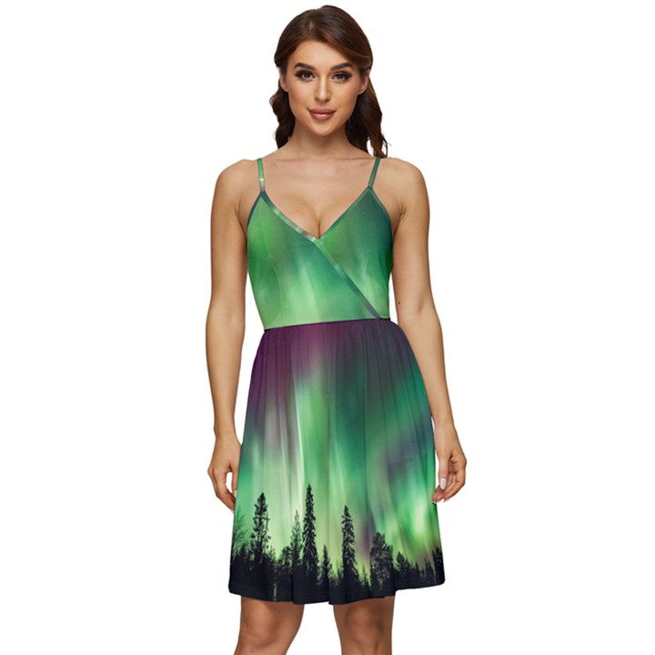 Aurora Borealis Northern Lights V-Neck Pocket Summer Dress 