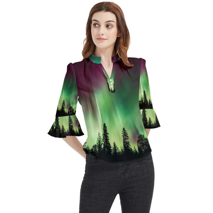 Aurora Borealis Northern Lights Loose Horn Sleeve Chiffon Blouse