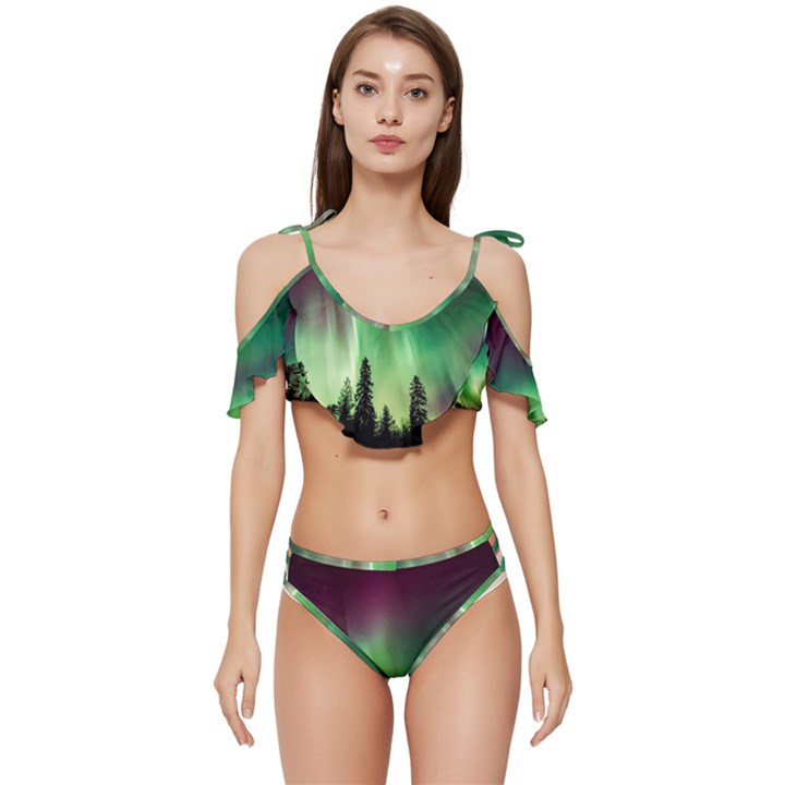 Aurora Borealis Northern Lights Ruffle Edge Tie Up Bikini Set	