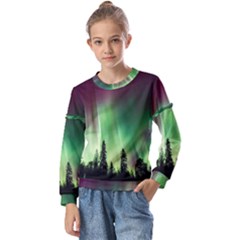 Aurora Borealis Northern Lights Kids  Long Sleeve T-Shirt with Frill 