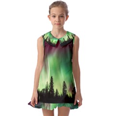 Aurora Borealis Northern Lights Kids  Pilgrim Collar Ruffle Hem Dress