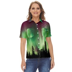 Aurora Borealis Northern Lights Women s Short Sleeve Double Pocket Shirt