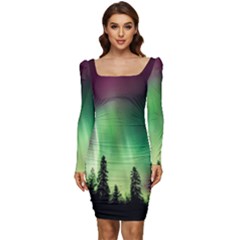 Aurora Borealis Northern Lights Women Long Sleeve Ruched Stretch Jersey Dress