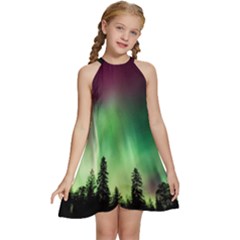 Aurora Borealis Northern Lights Kids  Halter Collar Waist Tie Chiffon Dress