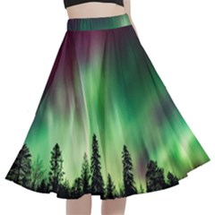 Aurora Borealis Northern Lights A-Line Full Circle Midi Skirt With Pocket