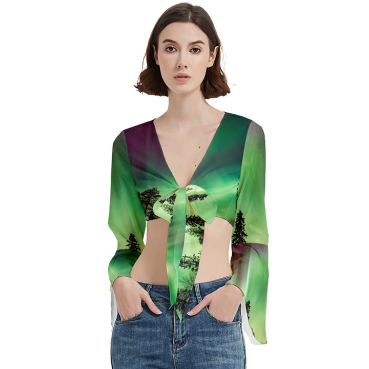 Aurora Borealis Northern Lights Trumpet Sleeve Cropped Top